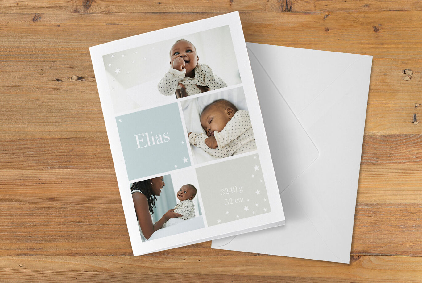 Une carte de bébé avec le nom Elias, en couleurs douces, avec des photos tendres d'un bébé et d'une mère.